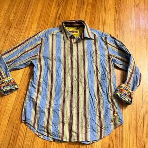 Robert Graham Shirt Mens XL Stripe Floral Flip Cuff Blue Button Up Long Sleeve